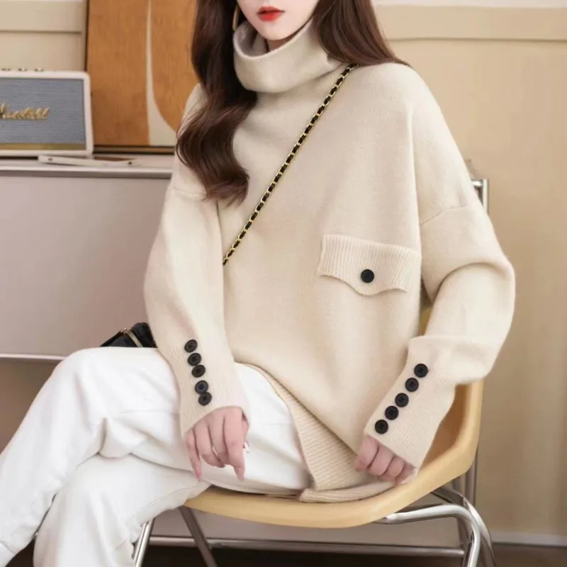 Flattering Turtleneck Button Solid Color Pullover Long Sleeve Loose Fashionable Sweater Knitted Women's Autumn Winter Tops