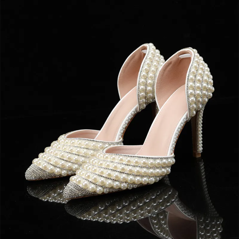 

Luxury Handmade Full Pearls Rhinestones Wedding Women Pumps Elegant Pointed toe Bridal Thin High heels Fashion Party Prom Shoes