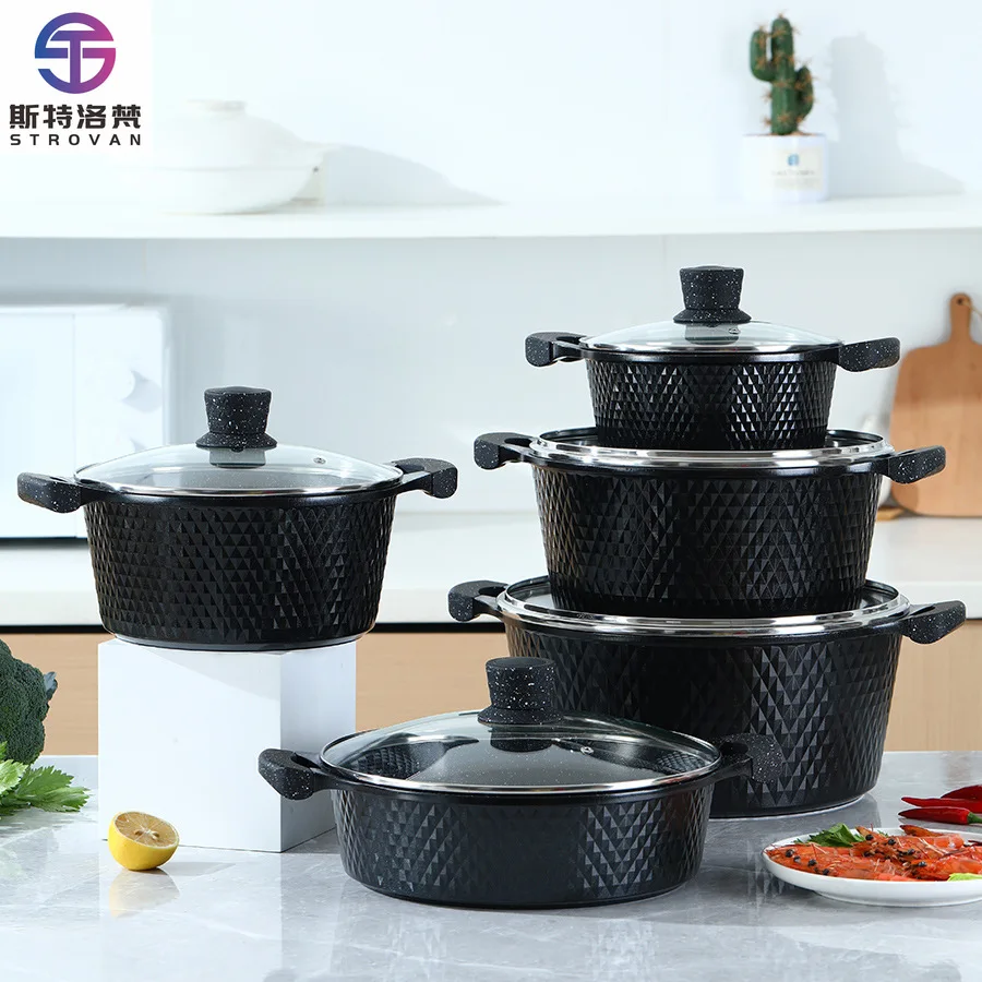 High Quality 10 Pieces Die-cast Aluminum Cookware Set Medical Stone Non-stick Double Ears Soup Pot Stew Pot Set with Glass Lid