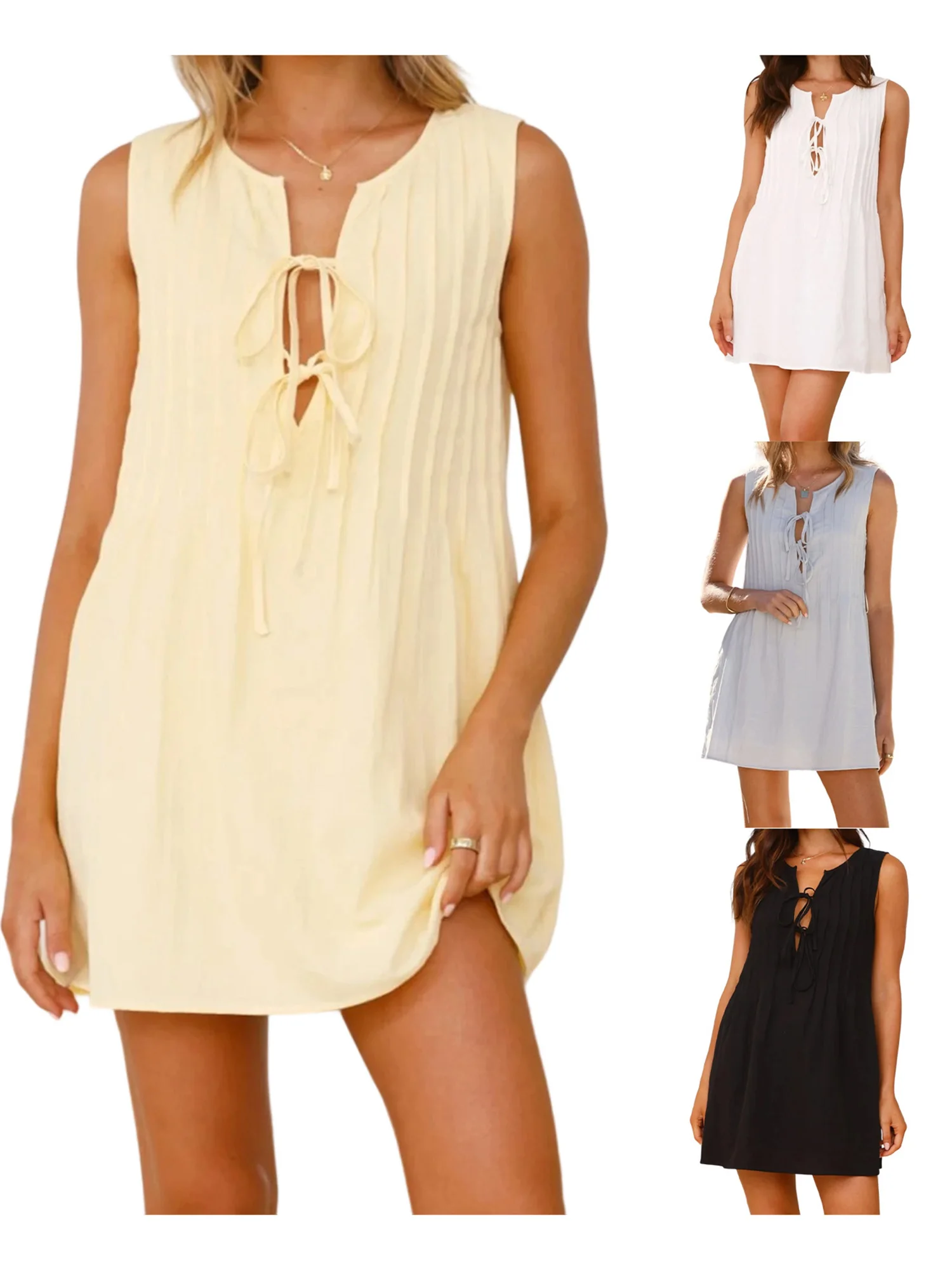 Mini abito casual da donna senza maniche con scollo a V con dettaglio cravatta sul davanti e gonna a pieghe per la festa estiva in spiaggia