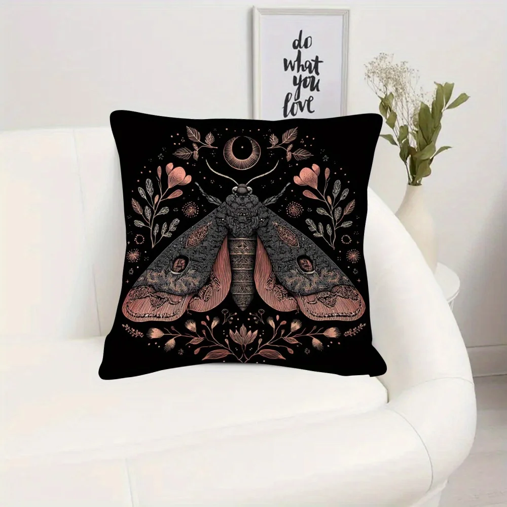 1pc Witchy Moth & Floral Print Pillow Cover, Vintage Botanical Cushion Case for Sofa Living Room Bedroom Office