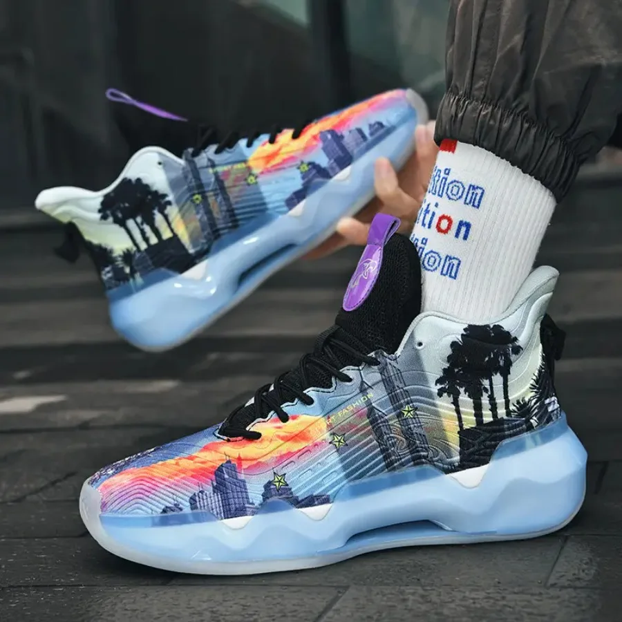 

Sneakers Men's High-Top Basketball Shoes with Anti-Slip and Wear- Soles Running Shoes with Graffiti Design Fashionable Sports S