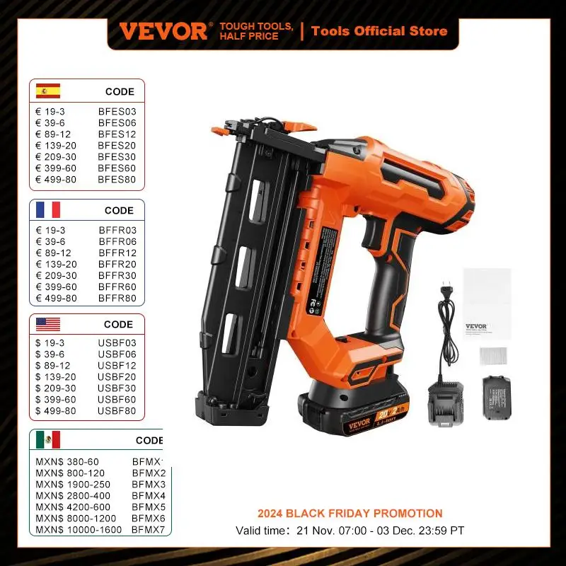 

VEVOR 20V Cordless Finish Nailer Cordless Brad Nailer Kit 16Ga Nails Tool-free Jam Release Battery Powered Framing Nail Gun