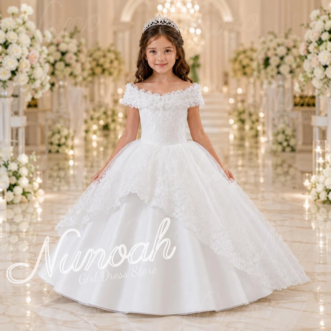 White Girls Birthday Pageant Dress with Bow Beaded Lace Appliques First Comunions Gowns Flower Girl Dress for Wedding Customized