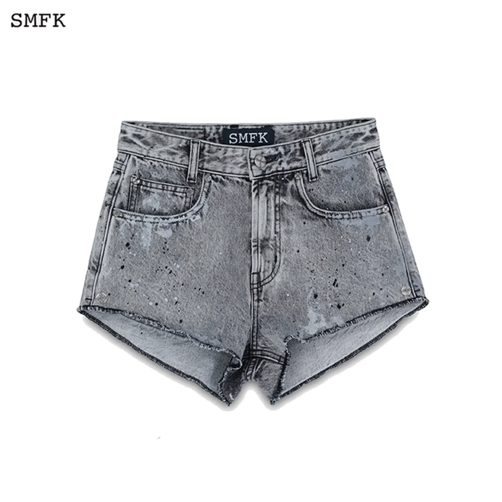 Imagem -03 - Smfk Compass Reta Perna Shorts Cinza Pintados à Mão Denim Shorts Bordado Mulher Lavada Tinta-salpicado Calças de Perna Reta Verão