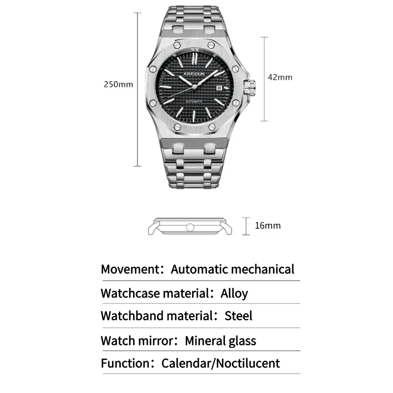 Men's Automatic Mechanical Watch Oak Series 43mm with Calendar and Luminous Function Waterproof 30M Sports Watch Steel Strap