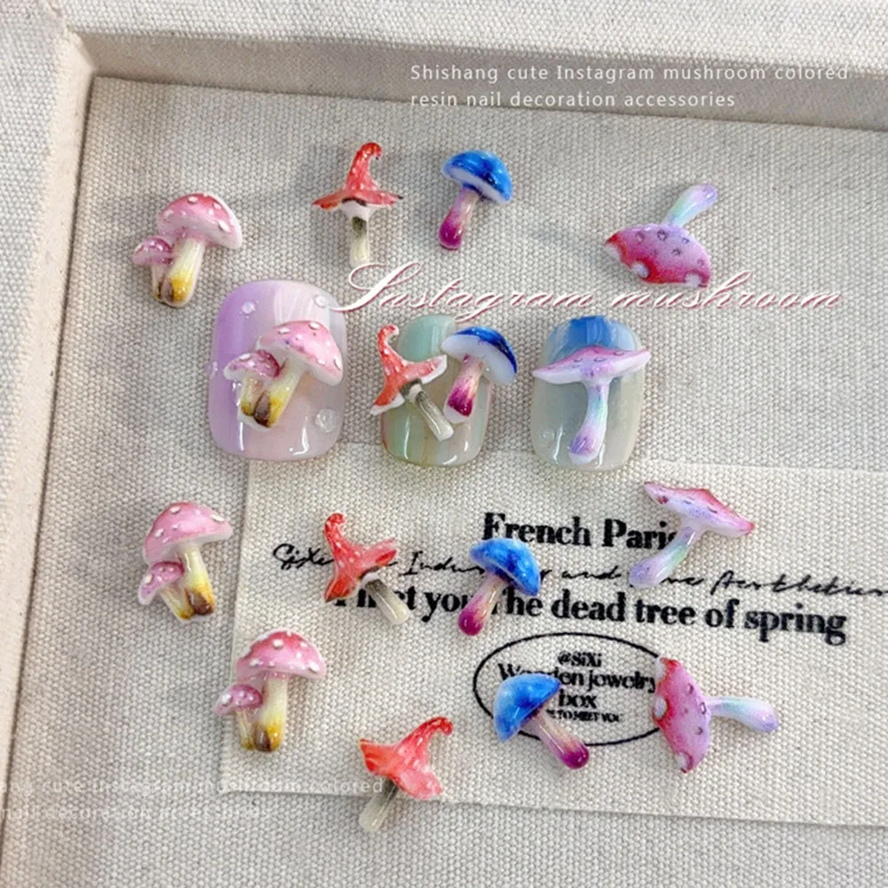 50 Uds. De dijes de uñas de setas Kawaii, piezas de resina acrílica 3D para uñas, mezcla de colores, decoración de uñas para manicura, Mini accesorios de setas