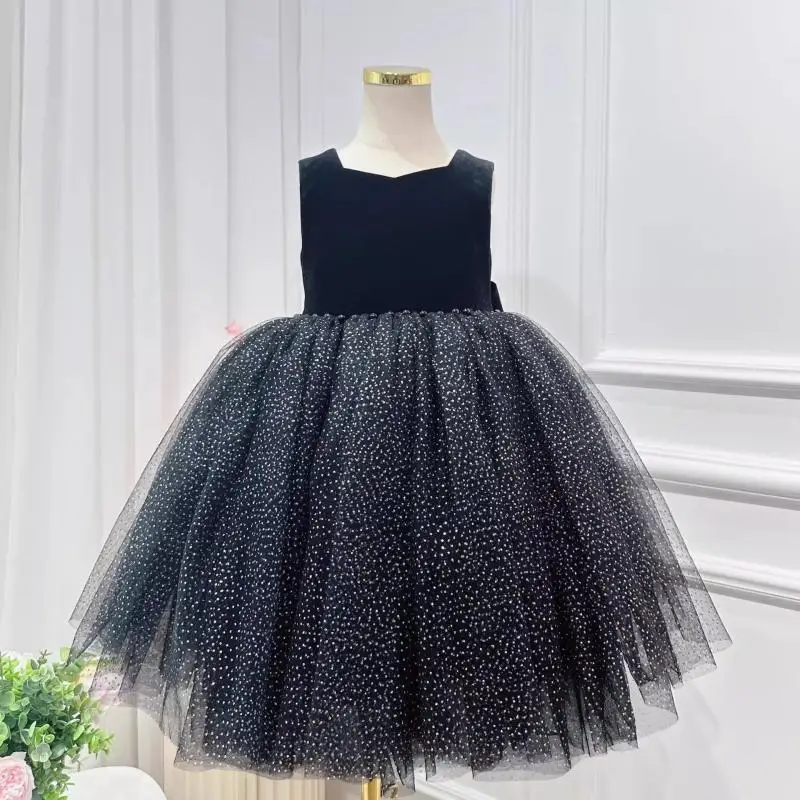 2024 Black Sleeveless Fluffy Girls Dress Butterfly Knot Backless Princess Dresses Dance Performance Evening Costume for Children