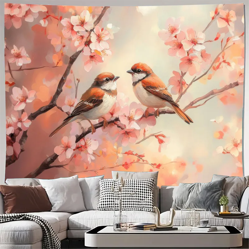 Sakura Cherry Blossom Tapestry Wall Hanging Pink Birds Spring Floral Watercolor Artwork Home Decor Living Room Bedroom Accent