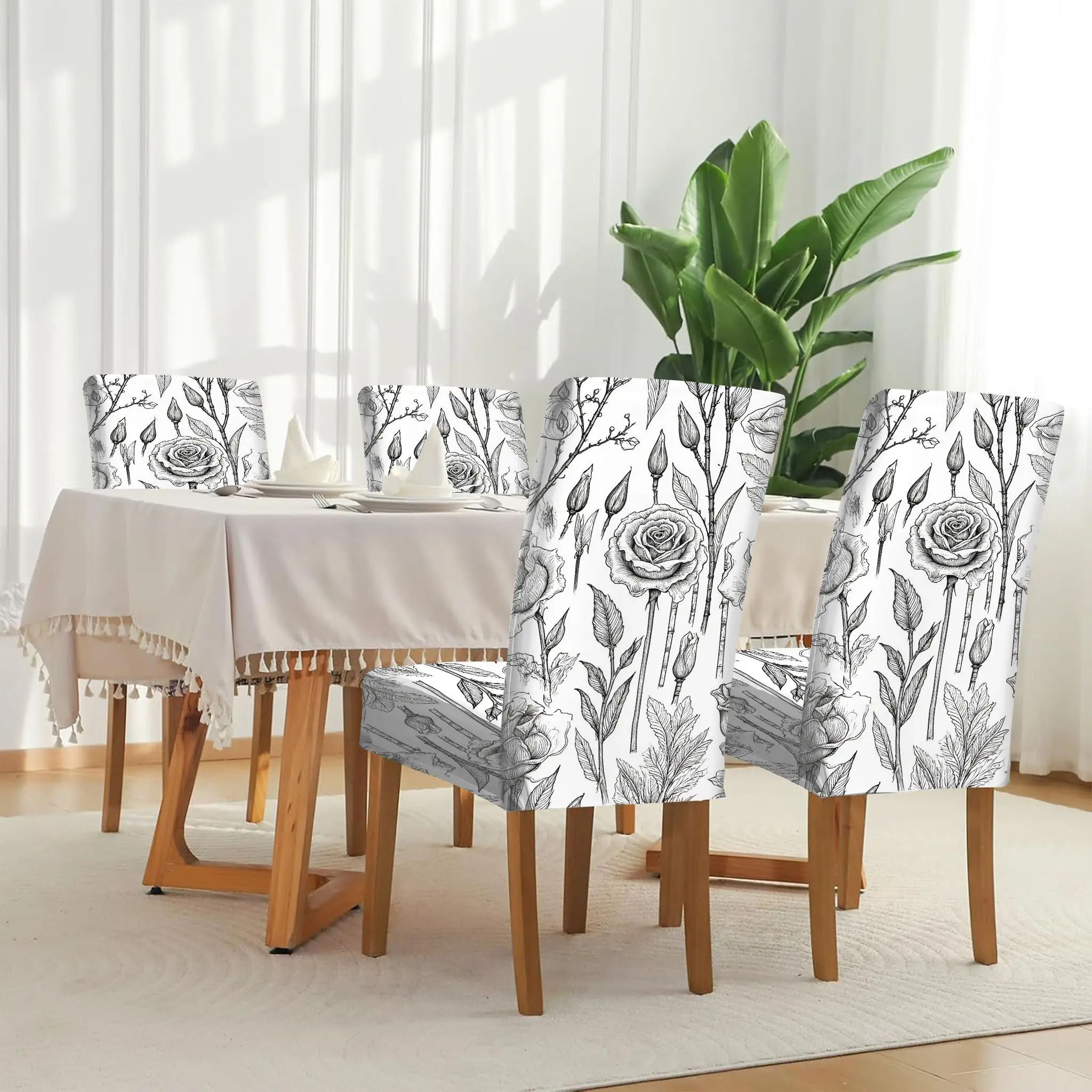 Dining Chair Set Black and White Flower Lines Hand-Painted Illustration Pattern, Suitable for Restaurant Kitchen Hotel Banquet
