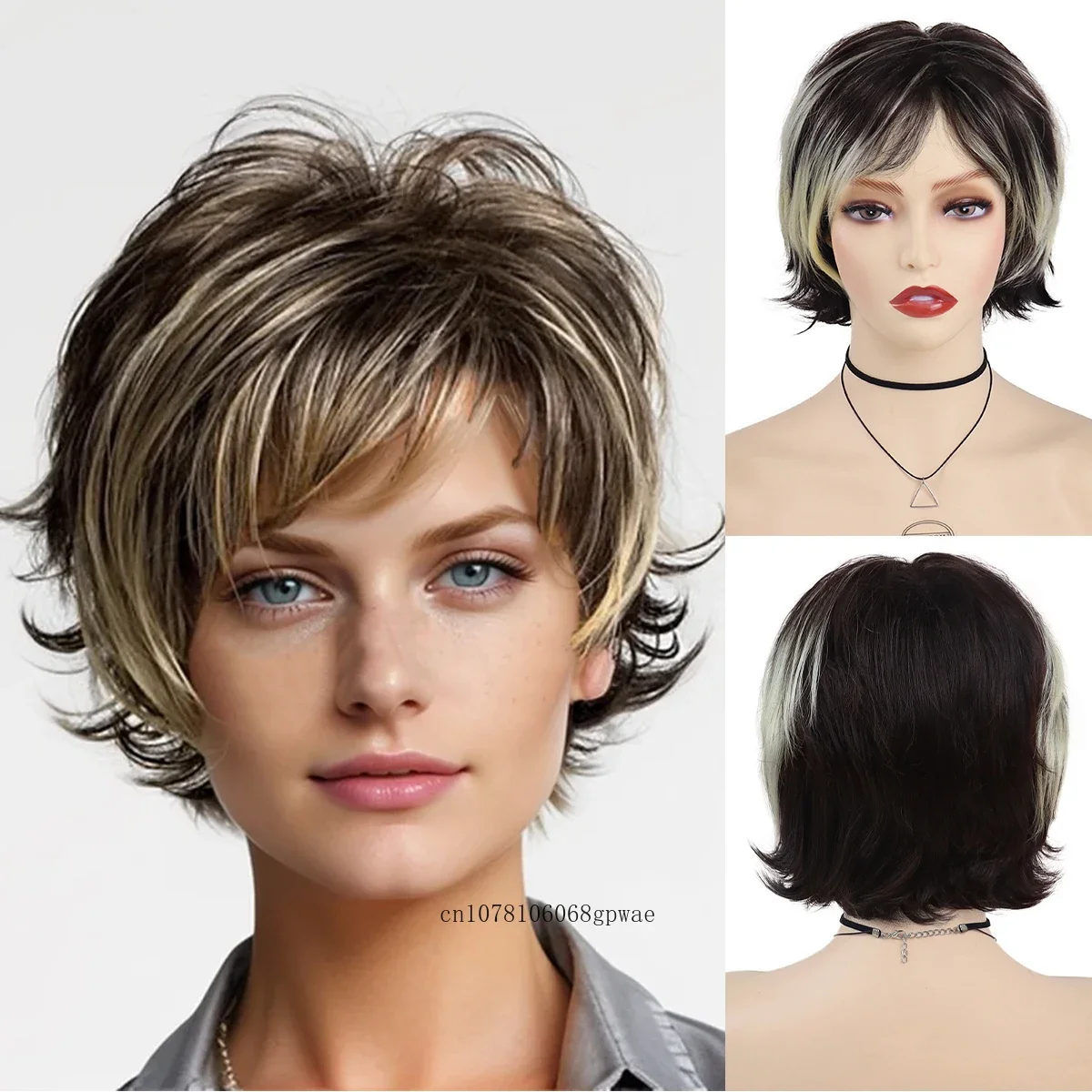 

Synthetic Fashion Women's Brown Mix Blonde Wig for Lady Short Natural Curly Wigs with Bangs Daily Costume Party Heat Resistant