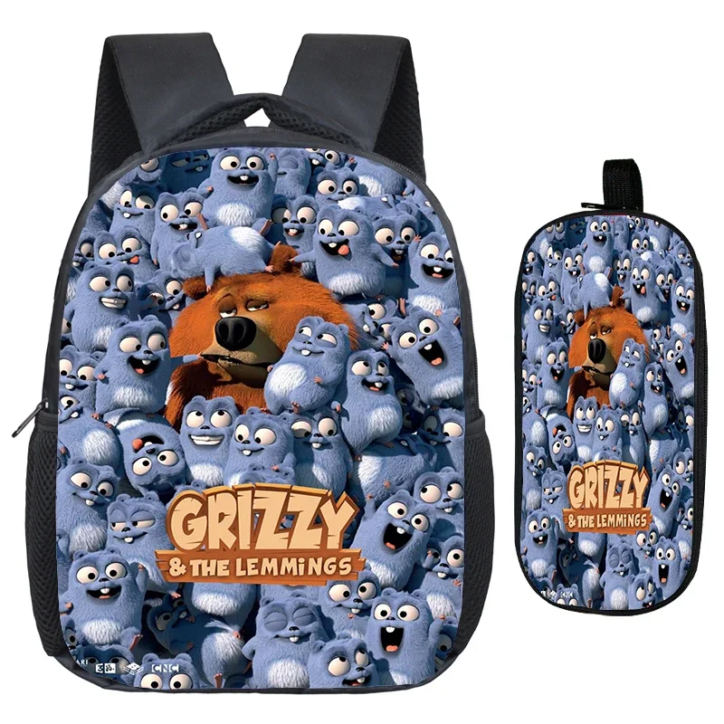 Cartoon Grizzy And The Lemmings Backpack 2pcs Set Kids Boys Girls Anime Bookbag Kindergarten Toddler School Bags Pencil Case