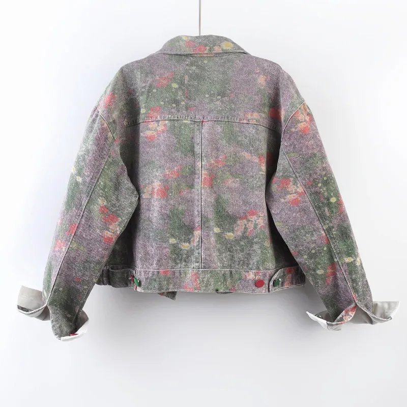 Fashion Big Pocket Stitching Contrast Color Flower Print Short Denim Jacket Autumn Casual Lapel Long Long Sleeve Jeans Jackets