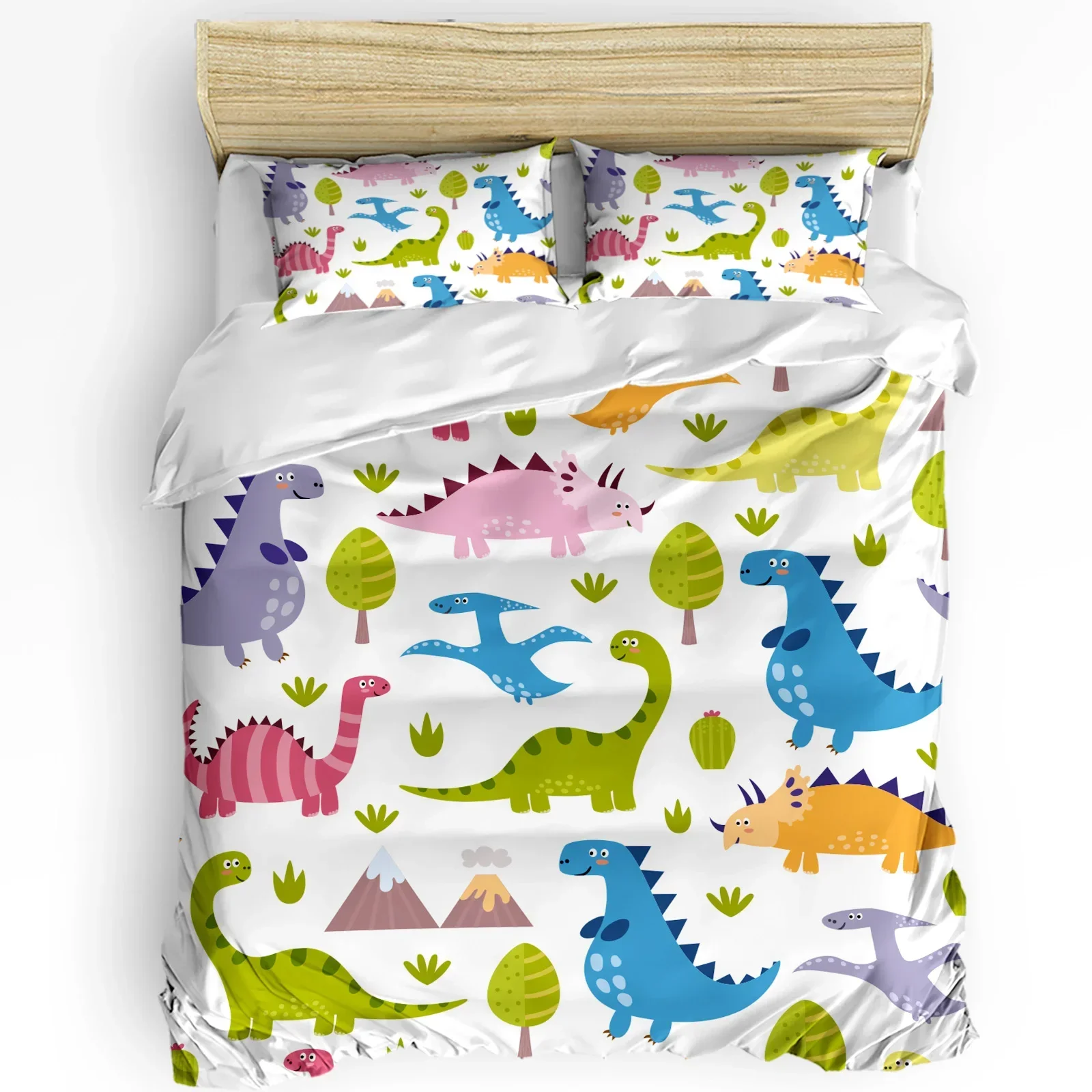 Kawaii Dinosaur Cartoon White Bedding Set 3pcs Duvet Cover Pillowcase Kids Adult Quilt Cover Double Bed Set Home Textile