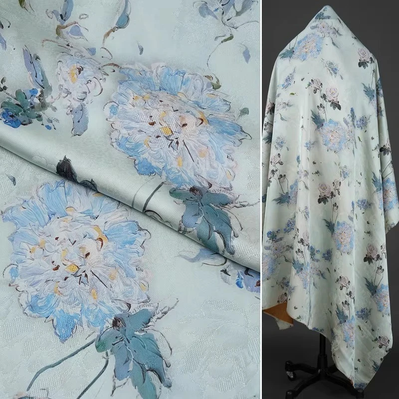 Fragrant Cloud Gauze Floral Jacquard Fabric Light Blue Large Peony Flower New Chinese Style Dress Qipao Silky Smooth Fabric