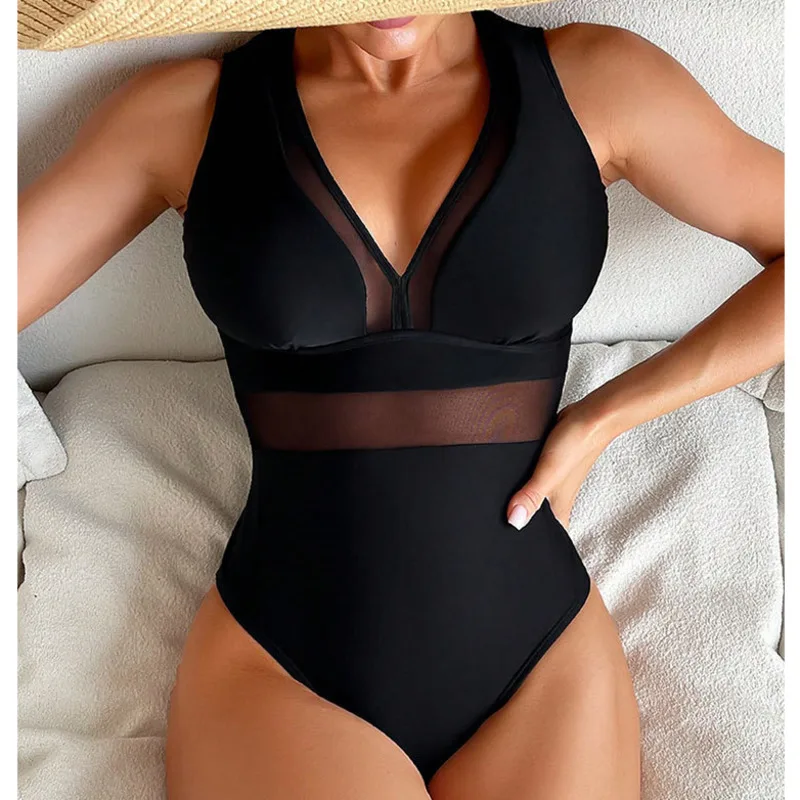 

2024 Black Net Sexy One Piece Swimsuits Closed For Women Swimwear Push Up Swimming Wear Body Bathing Suits Beachwear Pool Bather