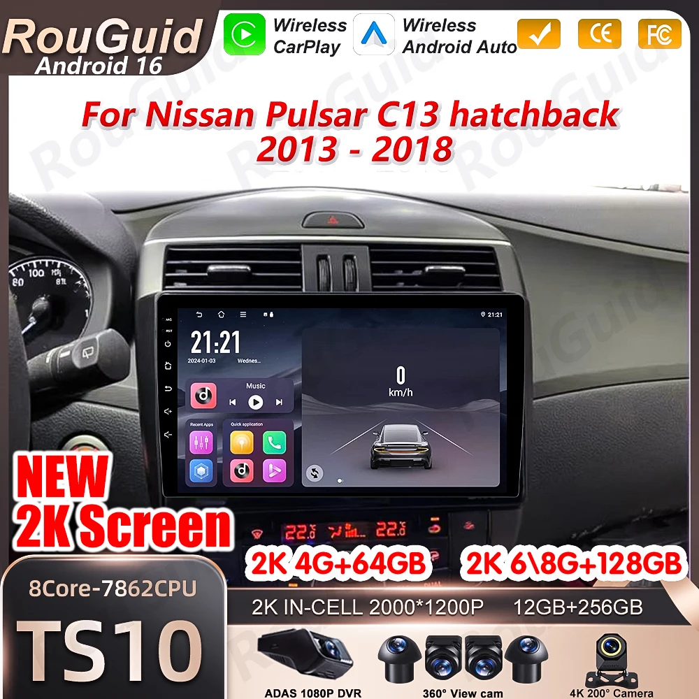 Android 16 Carplay For Nissan Pulsar C13 Hatchback 2013 2014 2015 - 2018 Car Radio Video BT Touch Screen GPS Navigation DSP 2k