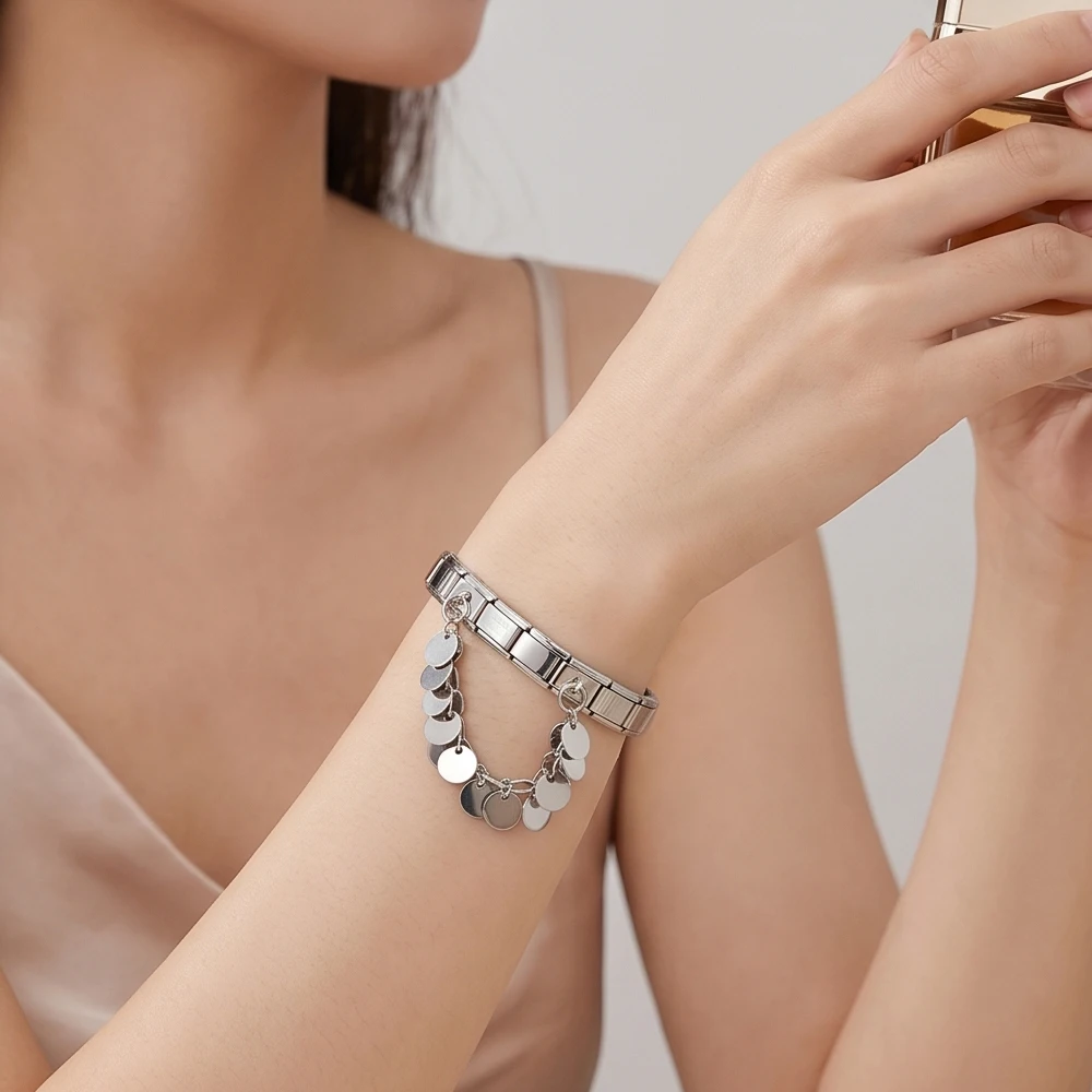URING Italienisches Charm-Armband, passend für 9mm Edelstahl, abnehmbarer runder Stern, Blatt, Klinge, Flow Su, doppelt hängendes Schmuckarmband zum Selbermachen – Detail 4