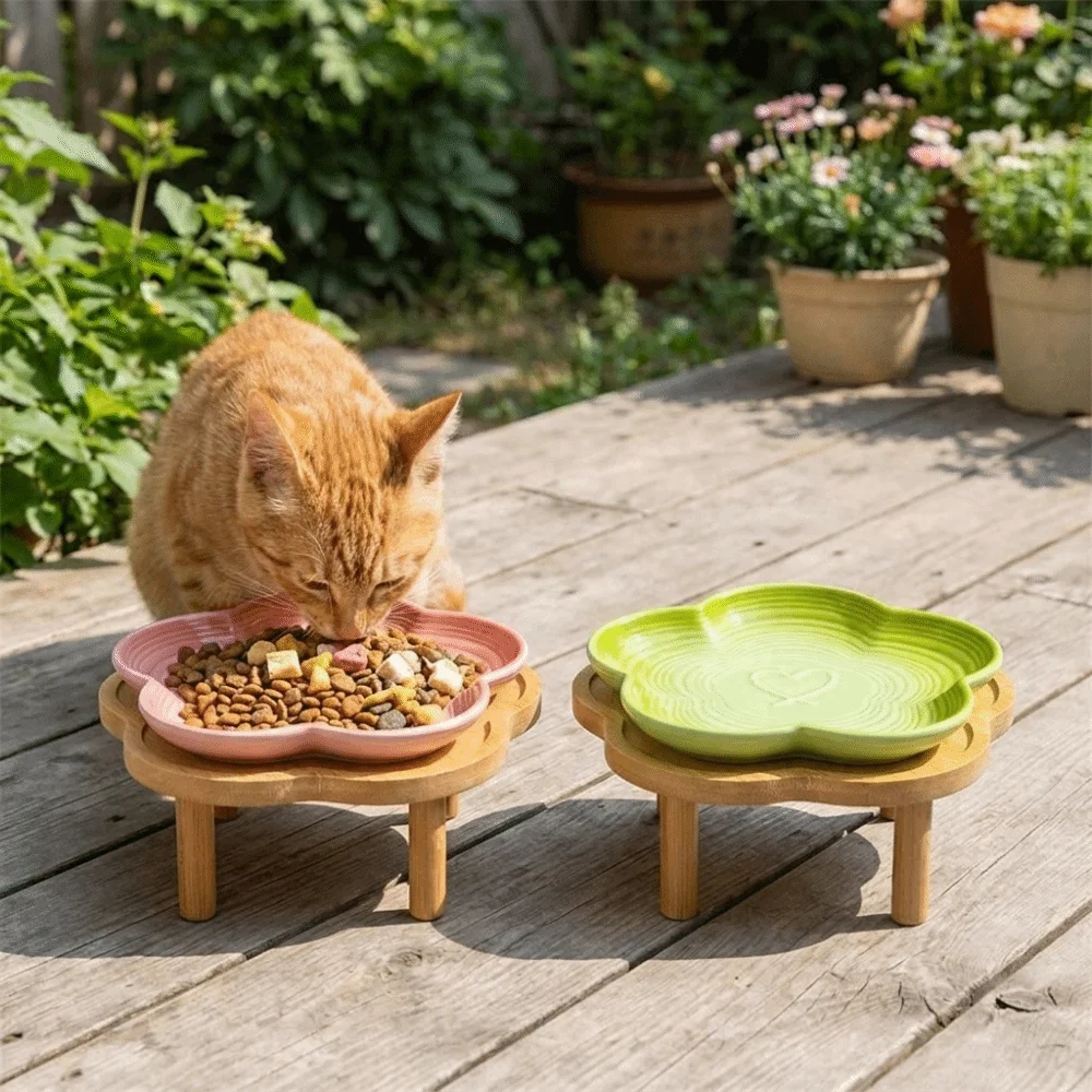 Large Capacity Ceramic Elevated Cat Bowl Cervical Spine Protection Anti Tipping Pet Drinking Feeder Anti-slip with Wood Stand