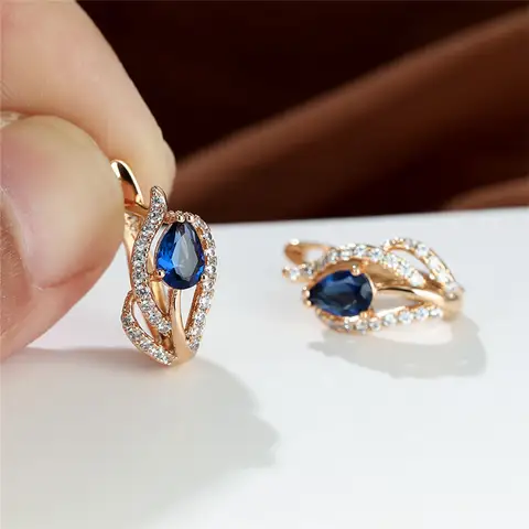 Charm Female Pink Blue Zircon Stone Flower Clip Earrings For Women Gold Color Water Drop Wedding Jewelry
