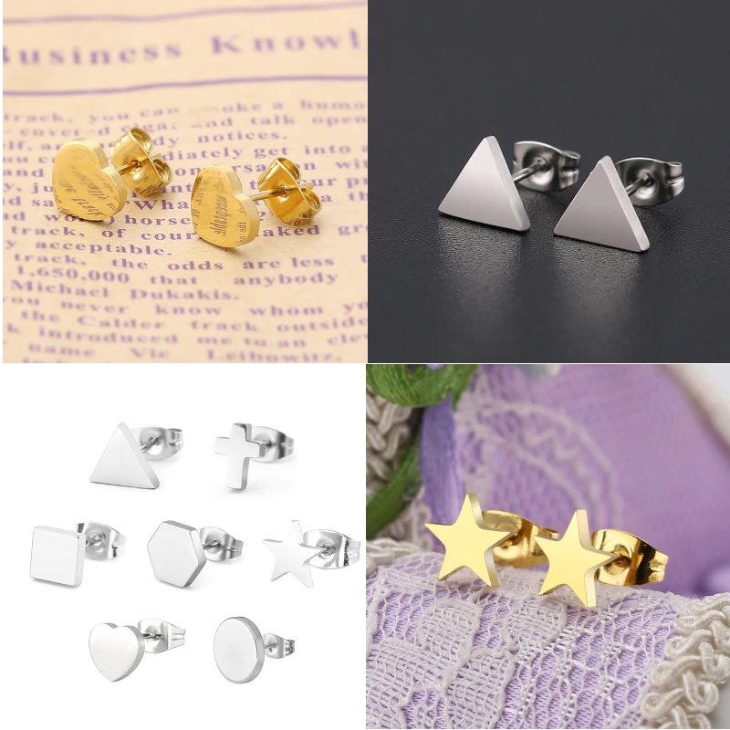 Pendientes geométricos push-back para niñas de acero inoxidable chapado en IP negro, diseño breve que no se decolora y sin alergias