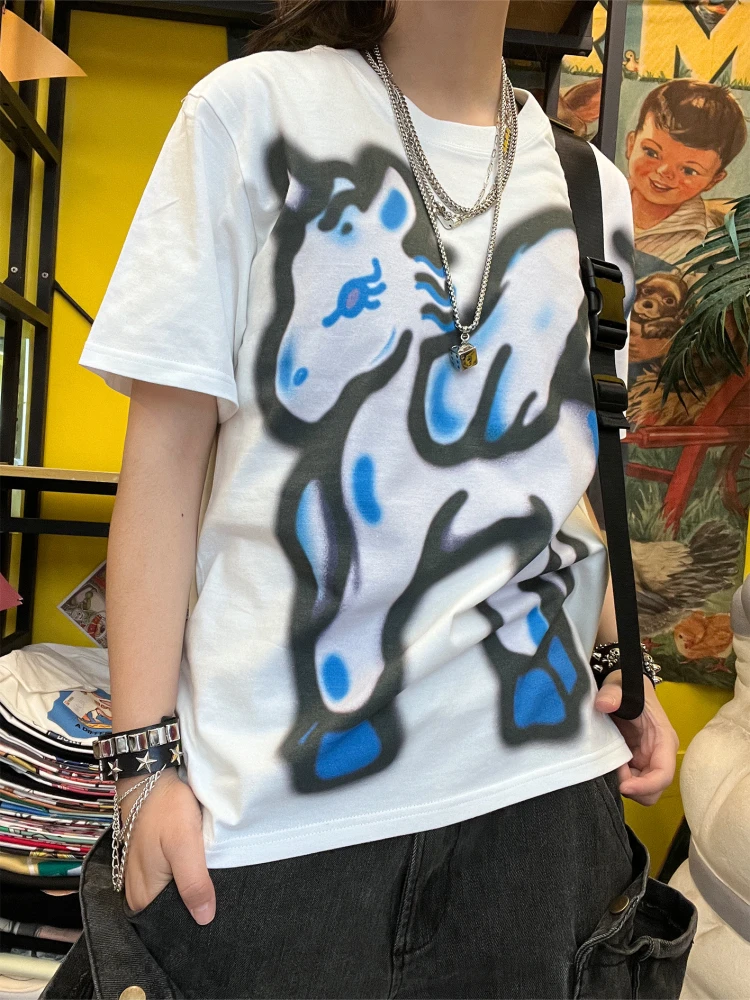 Heavyweight 260G Winged Blue  Artistic Graffiti Loose Short Sleeve T-Shirt for Youth Casual Daily Wear Cotton Blend