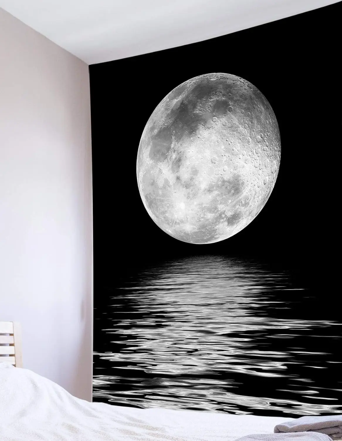 Full Moon Over Ocean Tapestry Black and White Moon Extra Large Wall Tapestry for Bedroom Starry Night Sky Wall Art for Bathroom