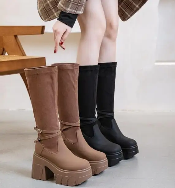 11CM Microfiber Spring Platform Wedge Knee High Autumn Women Boots British Boots Cloth Streth Fabric Leather Ankle Shoes