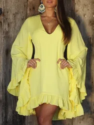 New V Neck For Women's Solid Color Dresses Spring Fashion Flared Long Sleeve Peplum Elegant Female Holiday Party Mini Dresses