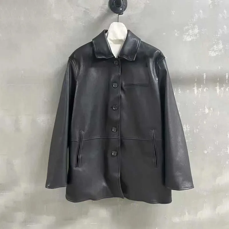 

Genuine Leather Jacket Women Oversized Black Real Leather Coat Casual Streetwear Vintage Lapel Button Down Long Sleeve Outwear