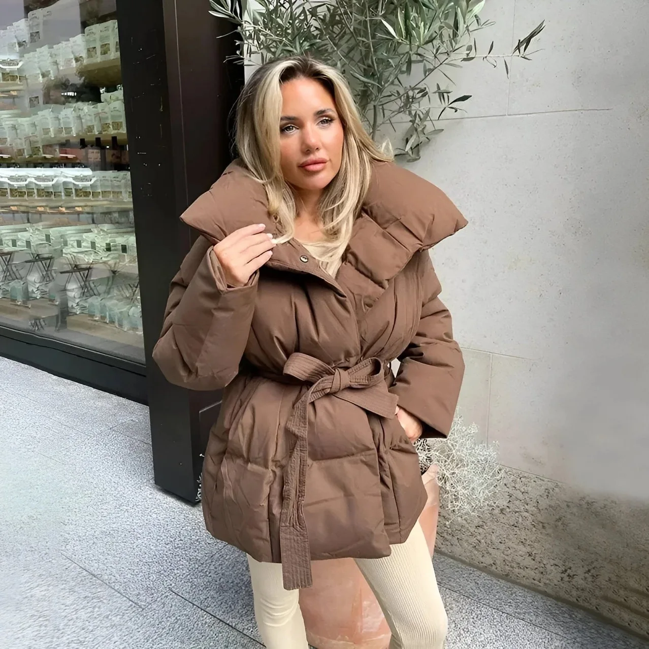 Women's Brown Oversized Puffer Jacket Wide Collar Belted Waist Warm Winter Coat Stylish Casual Outerwear For Cold Weather