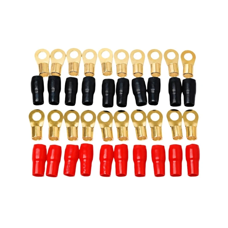 M76E Red and Black 4 AWG Wire Terminal Set for Automotive Sound Systems, 20 Brass Eyelet Pieces and 20 Separate Sleeves for
