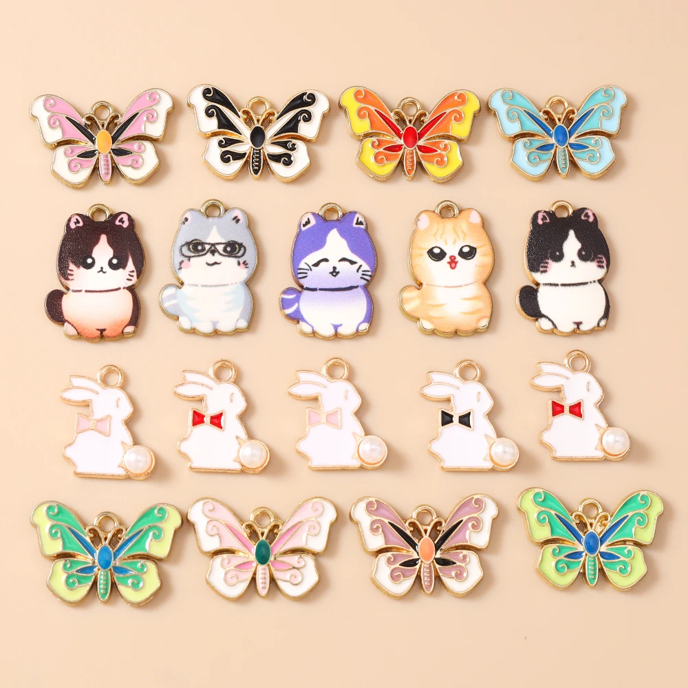 20 Stück Cartoon-Tier-Charms, Emaille-Katzen-, Hasen- und Schmetterlings-Charms, Anhänger für die Schmuckherstellung, Halsketten, Ohrringe, DIY-Bastelbedarf – Detail 1