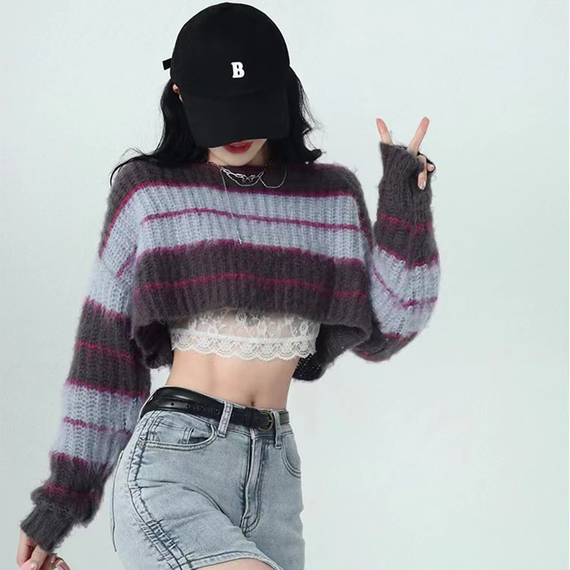 Y2k Women Striped Sweater Loose Fall Pullover Knit Crop Tops Long Sleeve Streetwear Pullover Jumper Sexy Off Shoulder Ladies Top