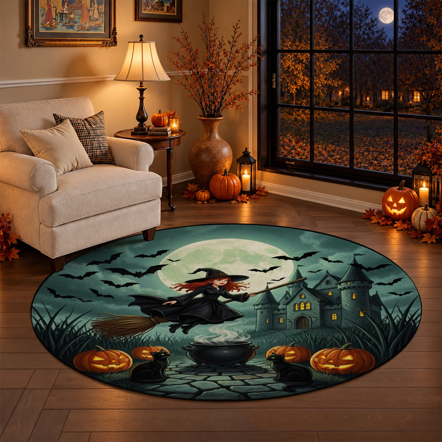 Round Witch Halloween Pumpkin Bat Castle Pattern Velvet Area Rug, Machine Washable Soft Plush Floor Rug, Suitable for Entryway, Living Room, Bedroom, Ideal for Halloween, Thanksgiving, Christmas, New Year, Black Friday, Cyber Monday Decor