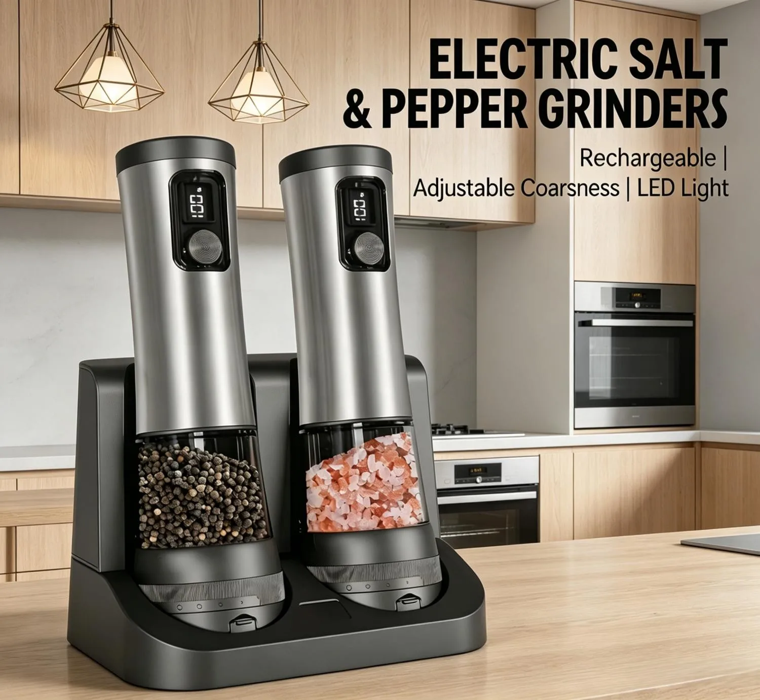 

Electric Salt and Pepper Grinder Set 5 Level Adjustable Coarseness 2 Speed Electric Spice Mill LED Display Automatic Salt Pepper
