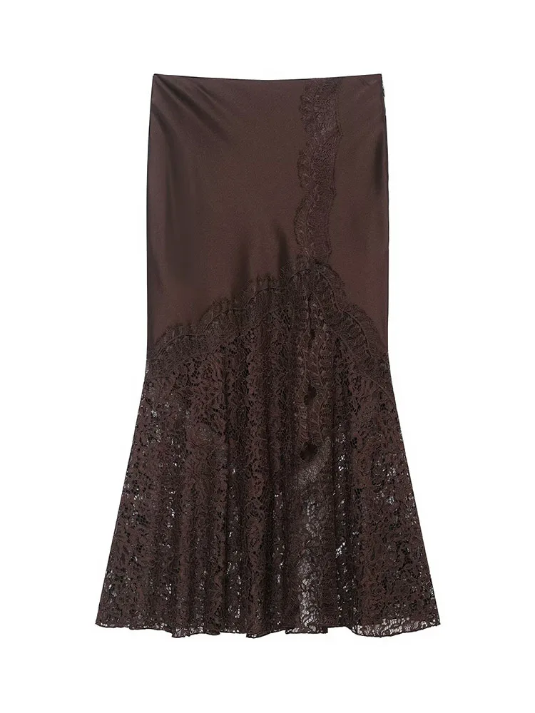 

HH Women Fashion Retro Versatile Solid Hem Slit Lace Silk Satin Skirt Female Elegant Banquet Zipper Ankle-length Long Midi Skirt