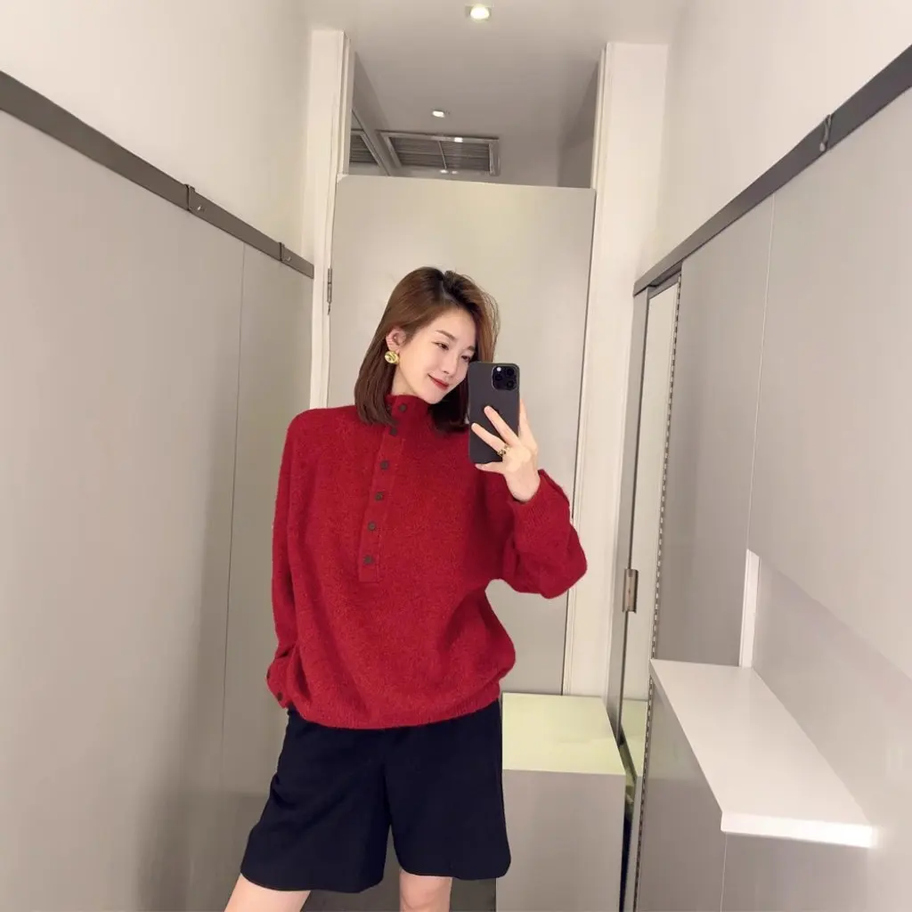 

Retro Soft Waxy Alpaca Wool Turtleneck Sweater Button Placket Knitted Warm Autumn Winter New F110216 Women's Fashion Top