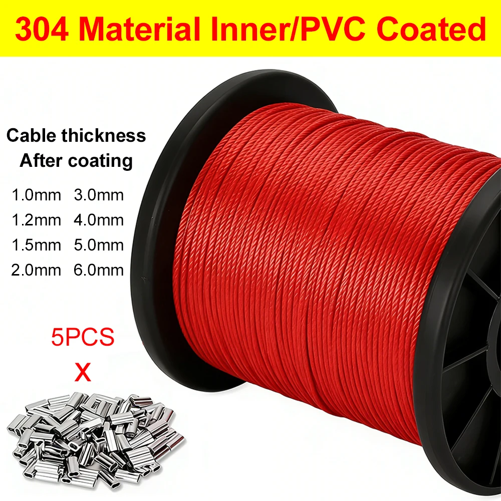 5-100M Red PVC Coated 304 Stainless Steel Cable Suitable for Hanging String Lights Deck Railings Porch Fences