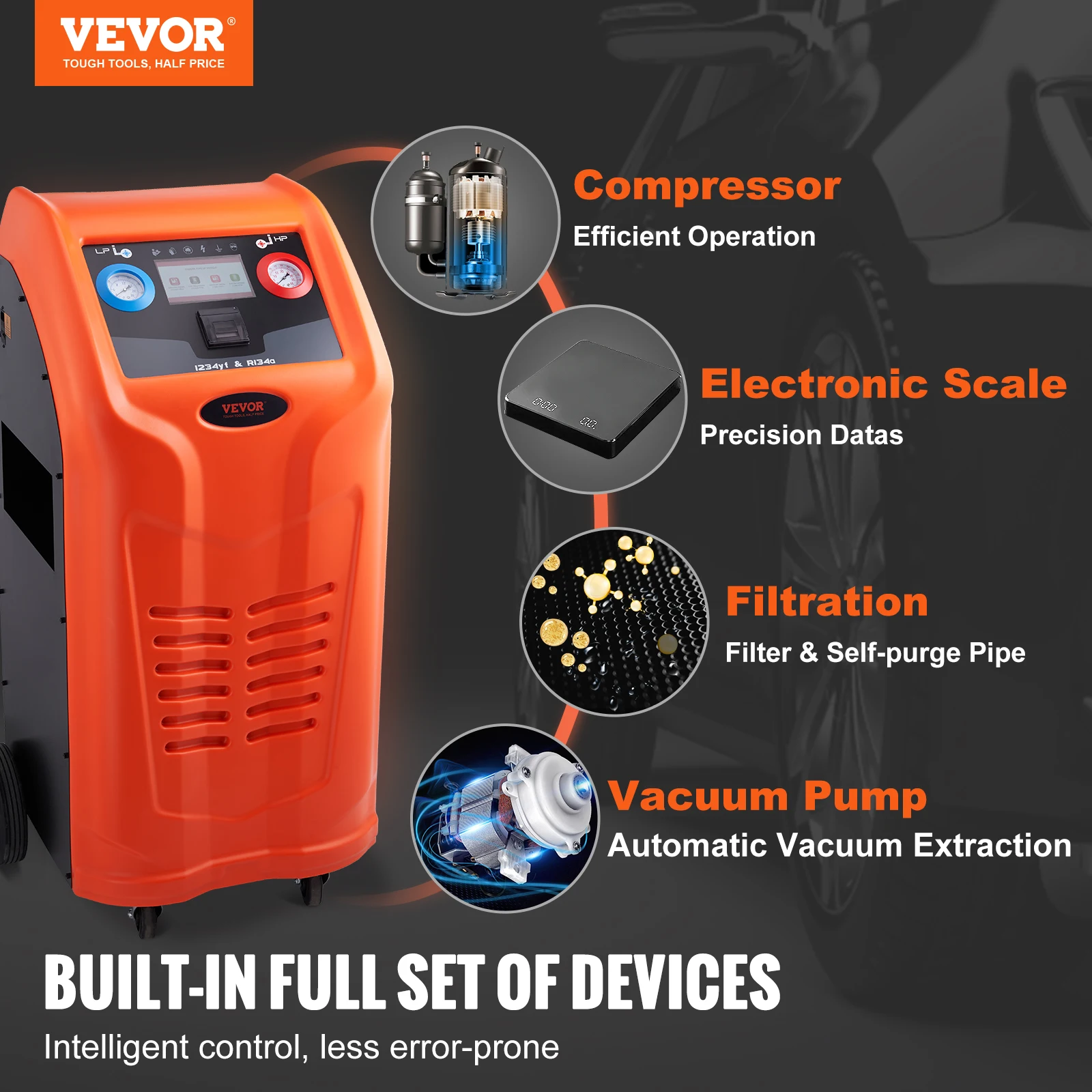 VEVOR Fully Automatic Refrigerant Recovery Machine - Dual Cylinder AC Recovery Machine Kit Built in Compressor/Electronic Scale