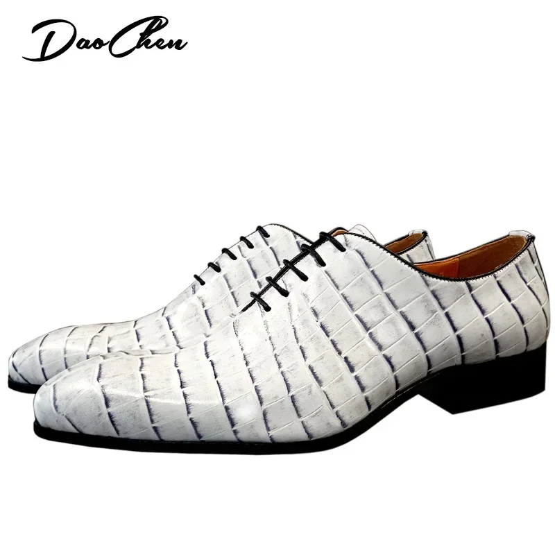 Luxury Brand Men Oxford Shoes Lace-up White Crocodile Print Casual Dress Man Shoes Wedding Office Leather Shoes For Men