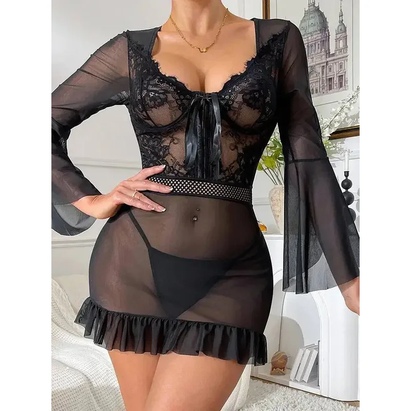 Sexy Lace Mesh Patchwork Sheer Long Sleeve Nightdress Sexy Transparent U-Neck Wrap Hip Dress Charming Pure Desire Elegant