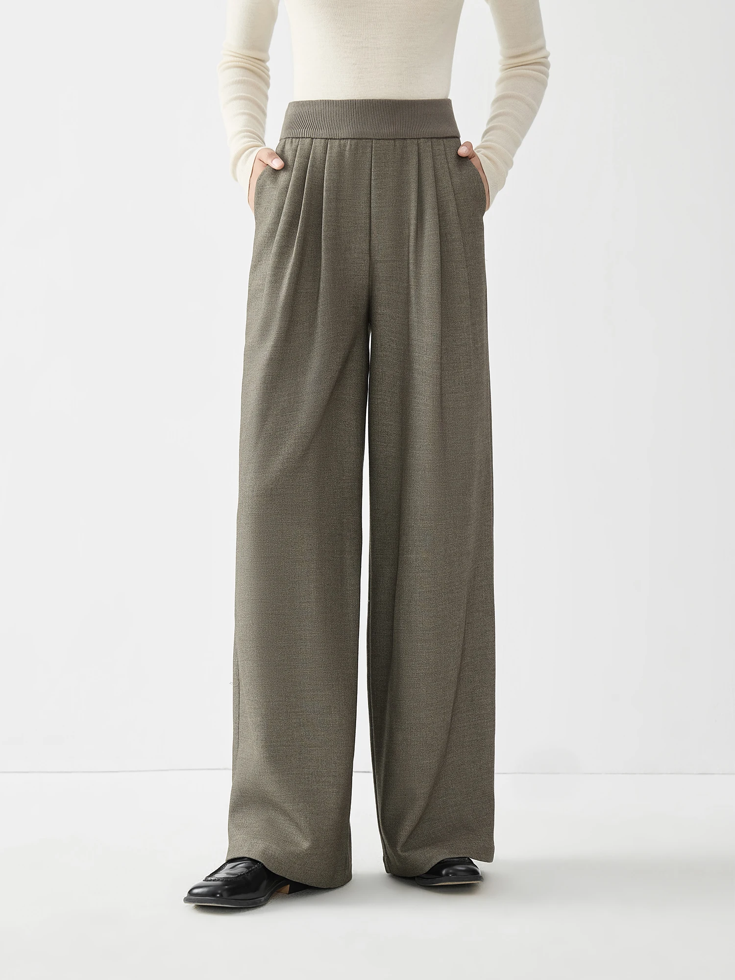 

FSLE Women Grey Khaki Long Trousers 4.9% Wool Blended Wide Leg Trouser Elastic Waist Draped Pleated Winter Pants 24FS14706