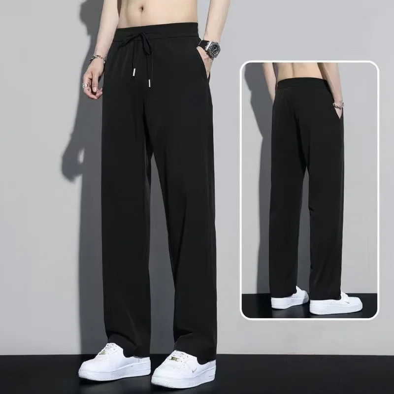 

Summer New Men's Thin Ice Silk Loose Large Size Straight Leg Pants Casual Sports Running Breathable Cuffed Quick Dry Pants