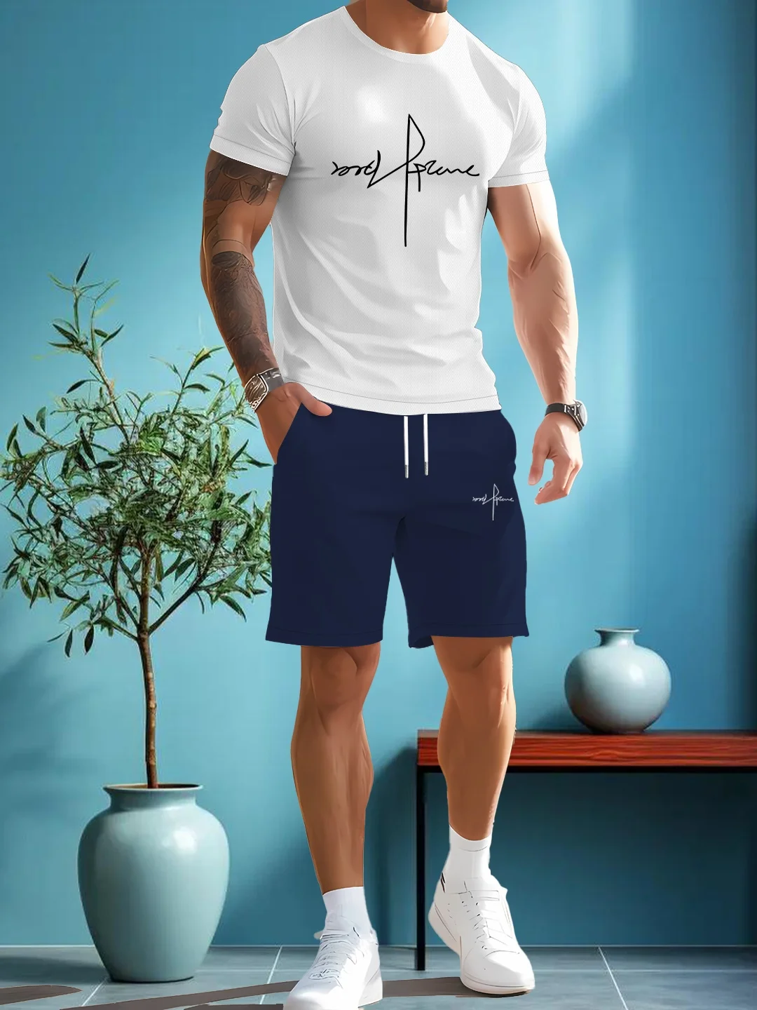 

Мужская модная повседневная футболка из двух частей с круглым вырезом и короткими рукавами с принтом и шорты на шнурке, весенне-летний спортивный костюм, мужской