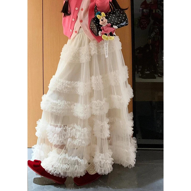 

PBAP Кокетка Женская пышная юбка-пачка из тюля с оборками Многоуровневая однотонная свободная эластичная юбка трапециевидной формы с рюшами Длинная юбка-тортик Kawaii Одежда