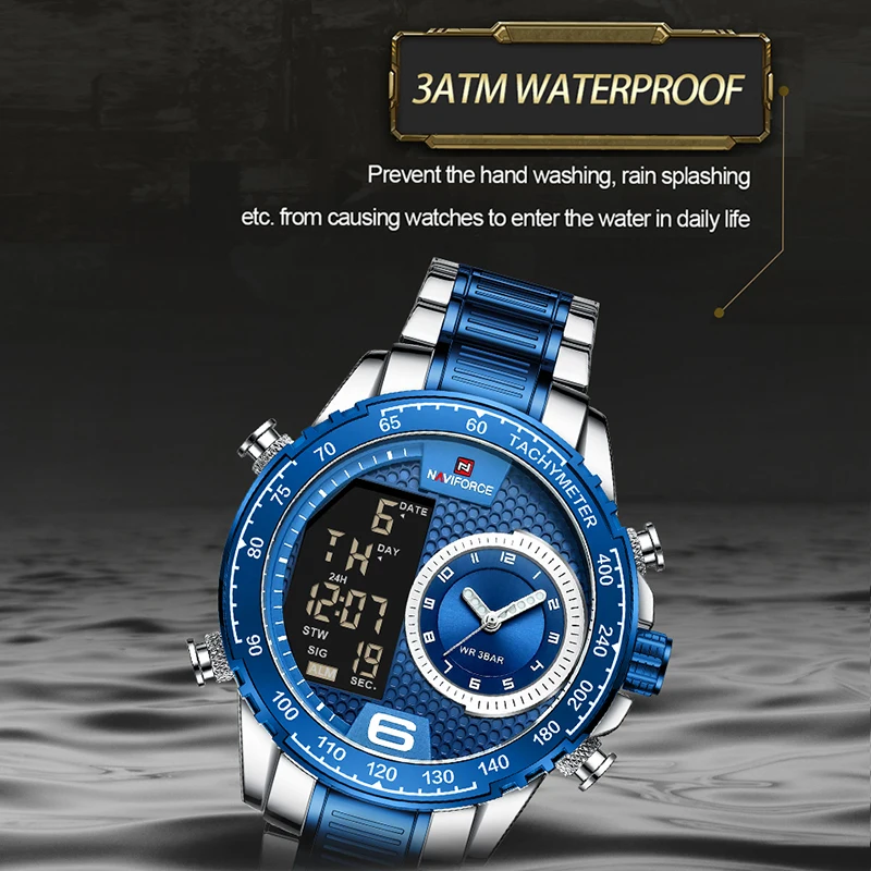 NAVIFORCE Luxe gloednieuw horloge voor heren Roestvrij staal Dual Display Quartz Horloges Waterdichte militaire sport Mannelijke klok