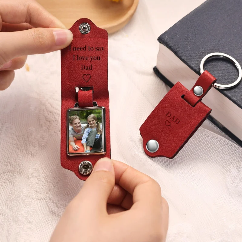 Personalized Custom Photo/Text Engraved Leather Keychain Father's Day Anniversary Gift for Dad Customizable Engraved Keyring