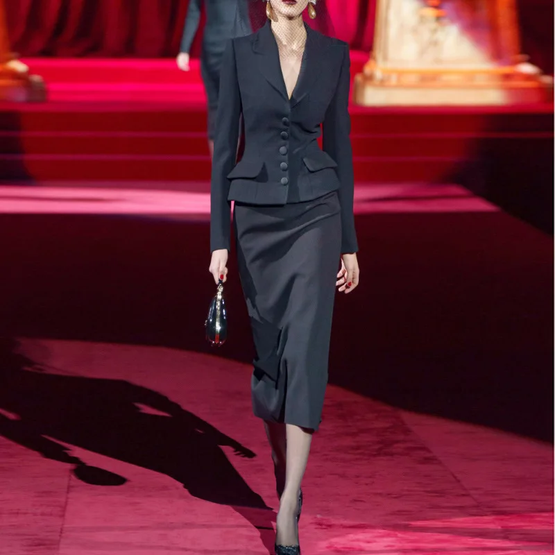 

2024 New OL Career Ele V-ne Slim Fit Suit Jaet Mid-length Wraparound Skirt Set Faionable Women's Ensemble