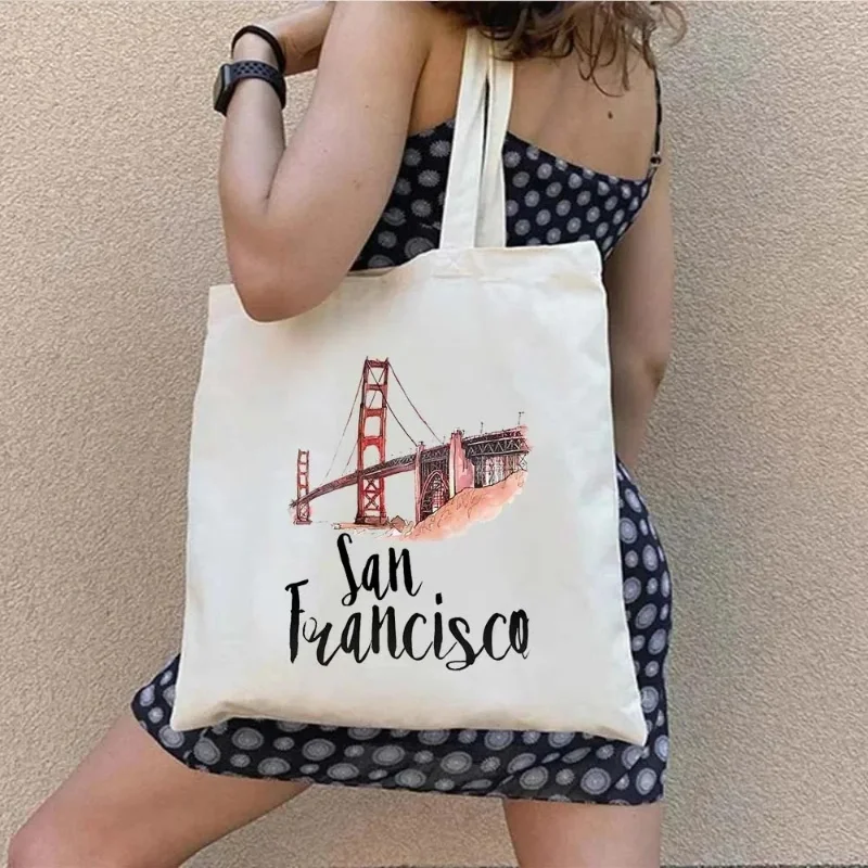 Paris Travel City Print Women Shoulder Bags Harajuku Canvas Shopping Bag Large Capacity Tote Handbag Reusable Eco Girl Handbags